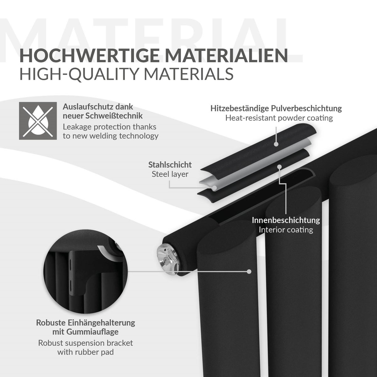 LuxeBath Paneelradiator, Enkellaags, 600x780 mm, Matzwart, Horizontale radiator met ovale buizen, Design badkamerradiator met zijaansluiting, Verwarming woonkamer/badkamer, Design buisradiator