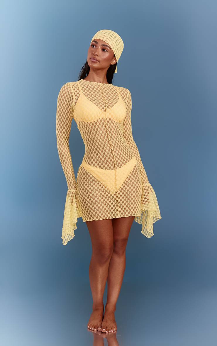 Citron Robe De Plage Mini Transparente Texturée À Manches Évasées
