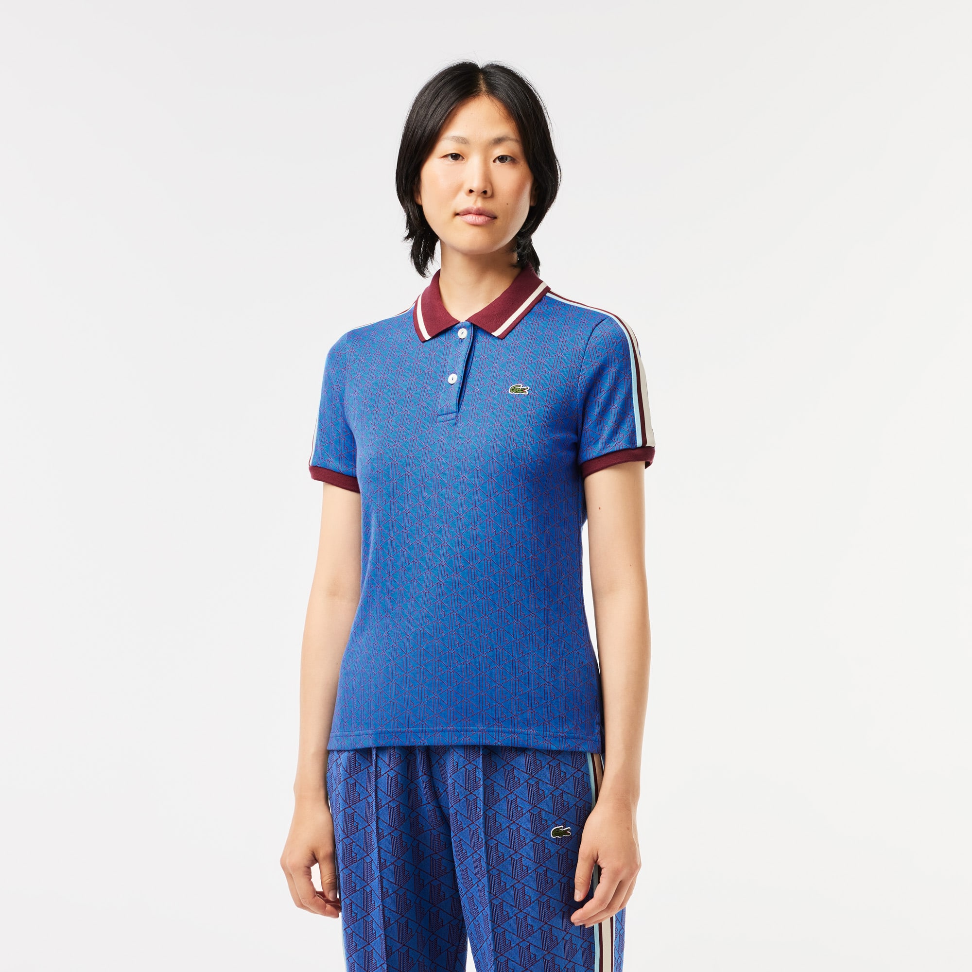 Polo slim fit jacquard monogramme Lacoste Manches Longues - Bleu - Lacoste - Femme