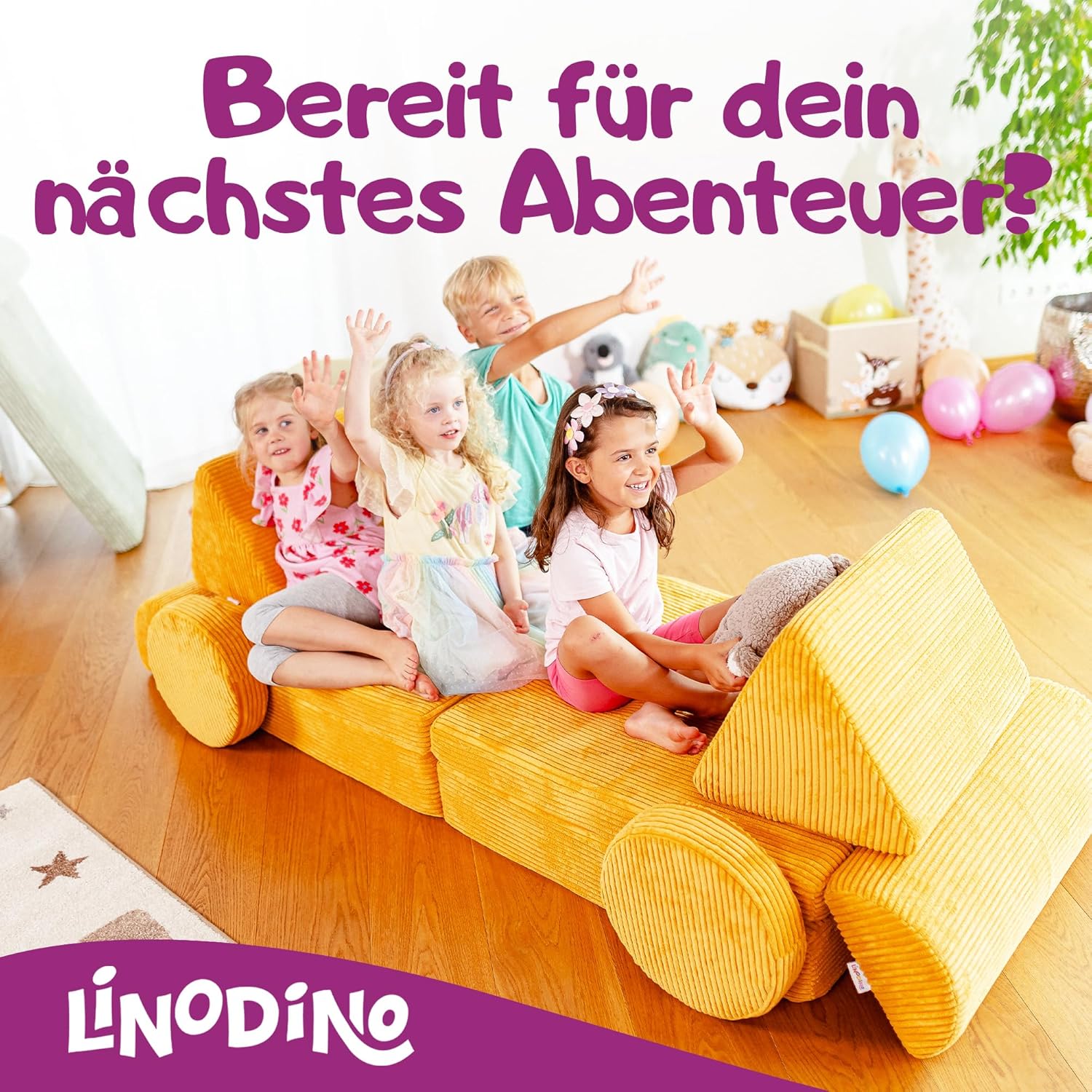 Linodino® Spielsofa Cord Fantasiewelt, Kindersofa-Bausteine - Stapelsteine für Kinder - Kindercouch, Sofa-Kuschelecke | Schaumstoff-Softbausteine | Oeko-TEX 100 Zertifiziert | Gänseblümchen Gelb