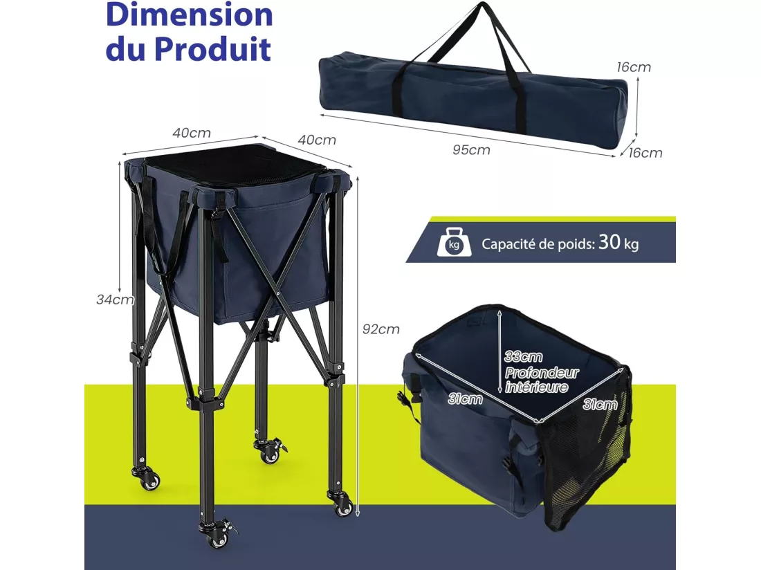 Chariot de Balle de Tennis Pliable avec Sac de Transport, Panier à Balles de Tennis en Aluminium Contient 150 Balles de Tennis avec 2 Roues de Frein Poches Latérales, Bleu