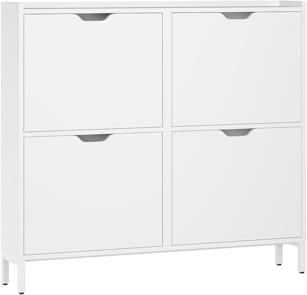 Bellamio Ceyhan Schuhschrank mit 4 Klappen – Schuhkipper weiß aus Holz – Schuhregal schmal 100x19x90cm – platzsparender Flurschrank mit 4 geschlossenen Fächern – Schuhkommode für Flur/Garderobe