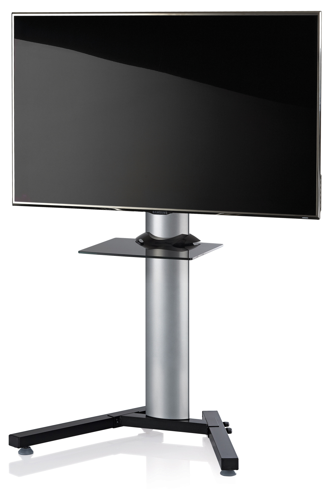 TV-Standfuß STADINO MINI - silber - Schwarzglas - mit Ablage