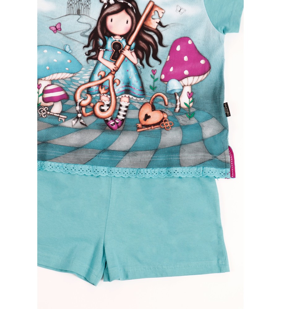 Pijama Santoro de manga curta, cor turquesa Curiosity