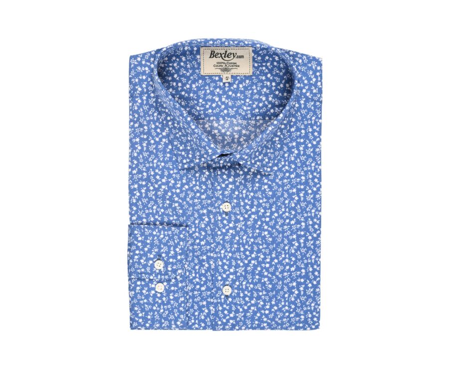 Chemise bleue imprimée fleurs blanches - Col français - MATHURIN