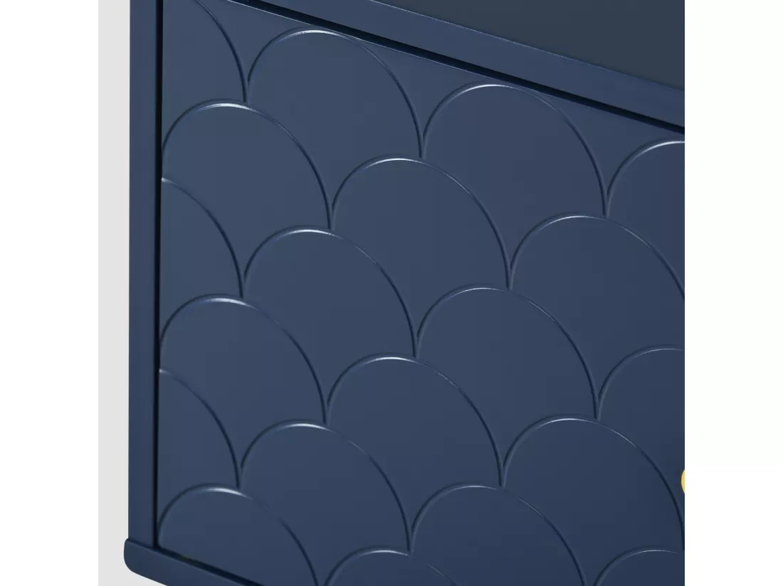Table de chevet - motif écailles de poisson - pieds plaqués doré - bleu foncé