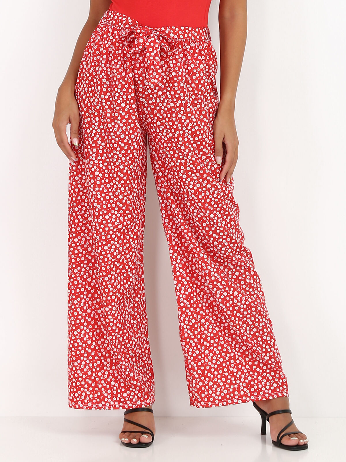 Pantalon fluide à motifs petites fleurs- Rouge