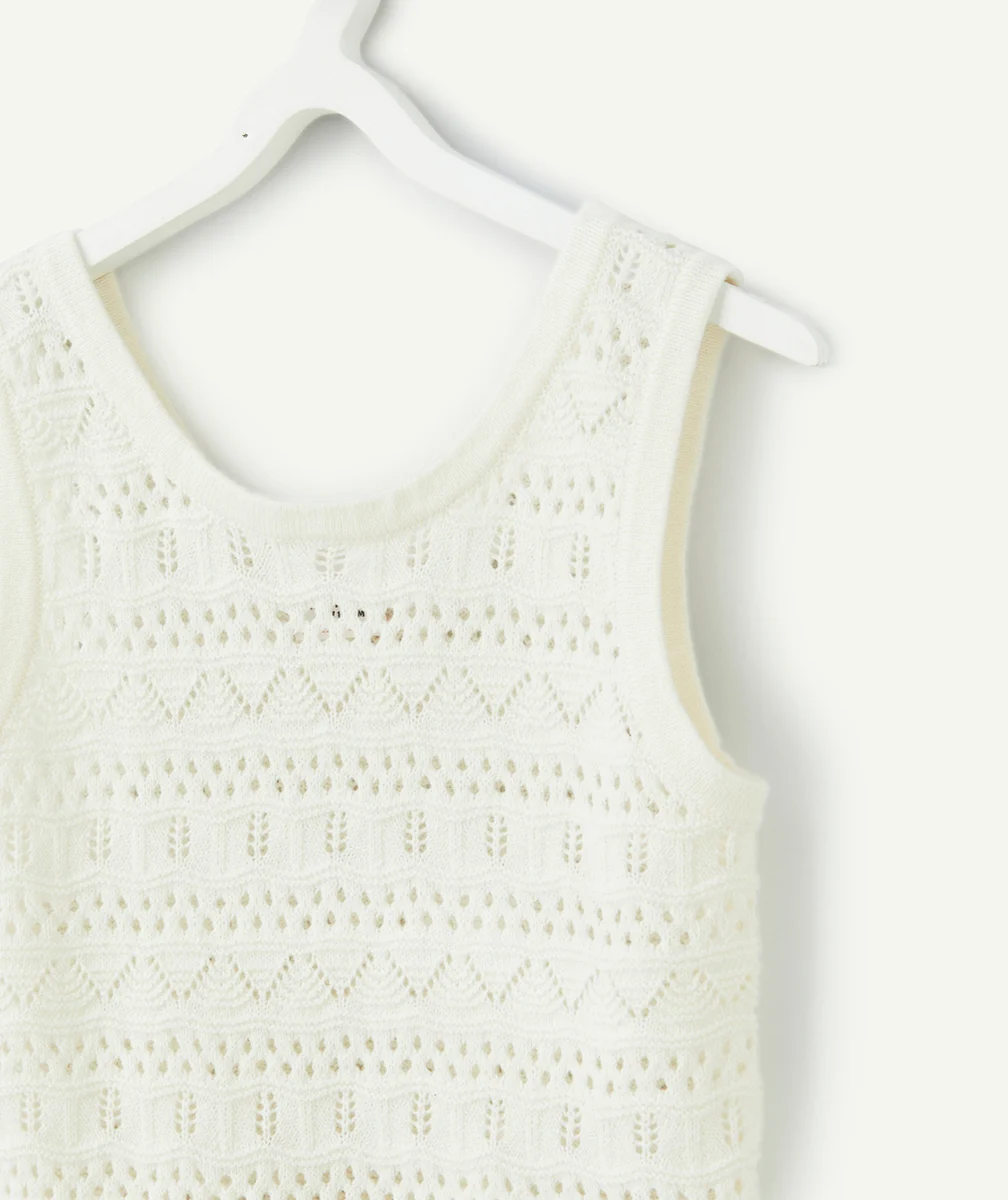 pull sans manches fille en tricot ajouré écru