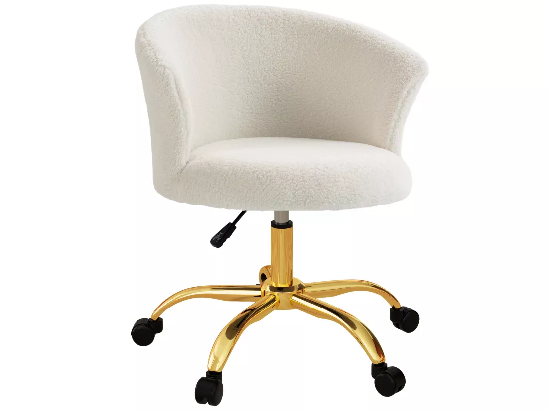 Chaise de bureau design - hauteur réglable, pivotante - piètement métal doré revêtement effet courte laine bouclée