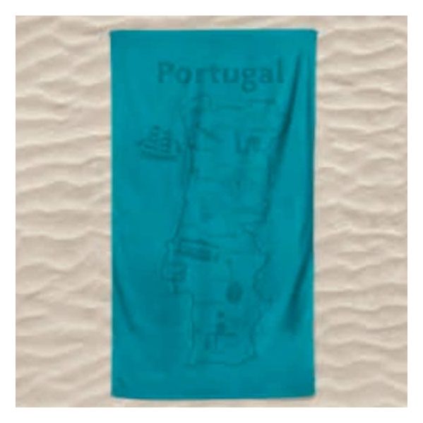 Toalha de Praia Microfibra Lisa Mapa Portugal em Relevo 180 x 100 cm Azul Turquesa