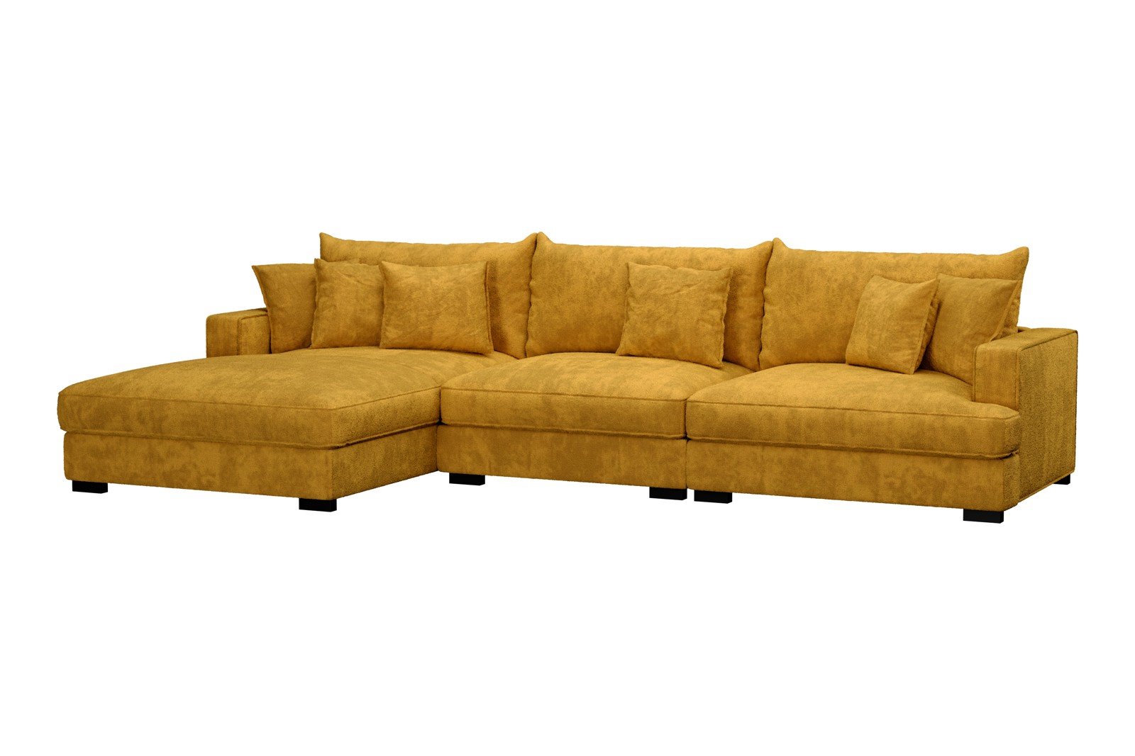 Rossi Lux 3-seter med sjeselong venstre Tekstil Genesis 10 Golden Yellow, arm A med sorte ben. Lux Komfort.