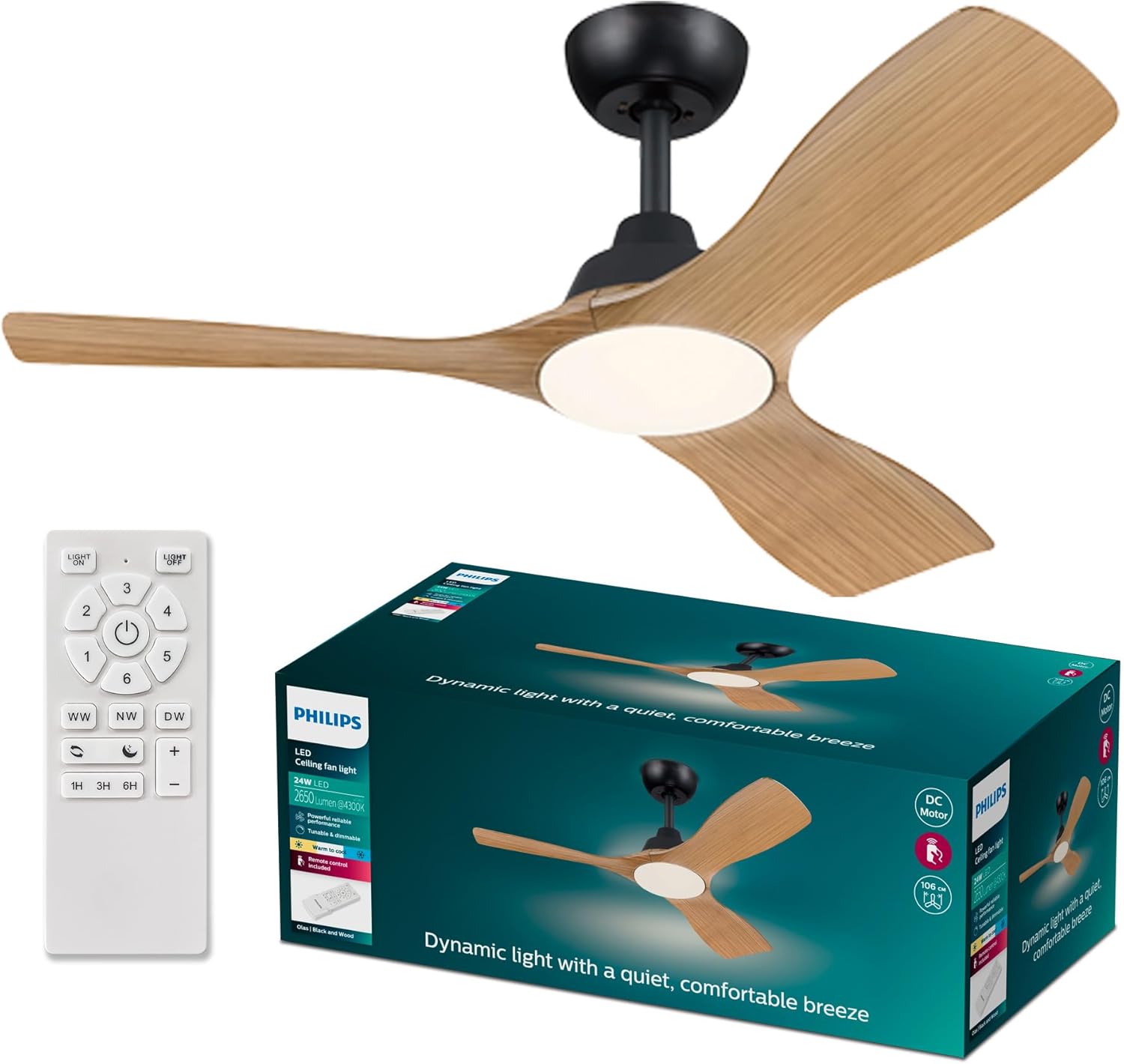 Philips Olas Deckenventilator, 3 Flügel, 106cm ⌀, Gleichstrommotor, Farbtemperaturbereich (3000K-4300K-6500K), dimmbar, inkl. Fernbedienung, schwarz-Holz