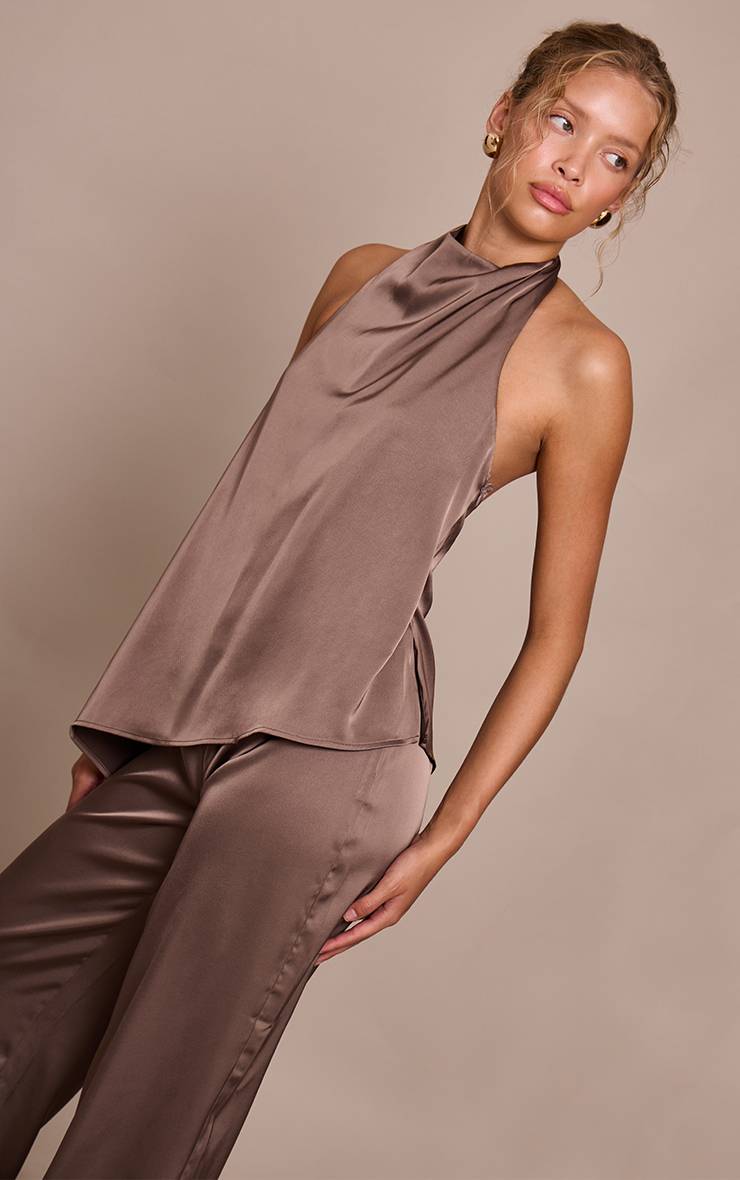 Marron Combinaison-pantalon Satinée Drapée À Col Licou Et Jambes Larges