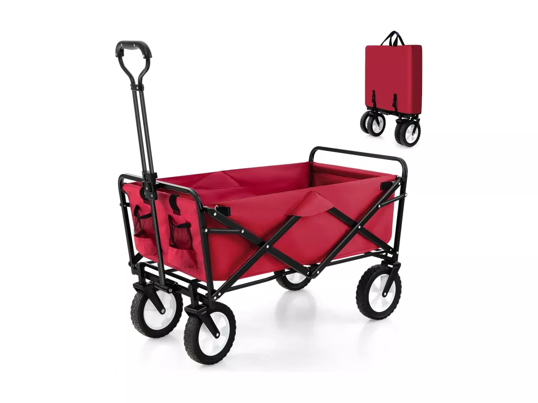 Chariot de Plage Pliable 82 L, Chariot de Transport avec Poignée Réglable et Porte-Boissons Charge 68 kg, Chariot Utilitaire Extérieur pour Jardin CamBoisg Pêche (Rouge)