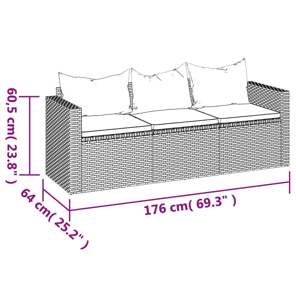 vidaXL - Tuinbank 3-zits - Grijs - Poly rattan - Met kussens