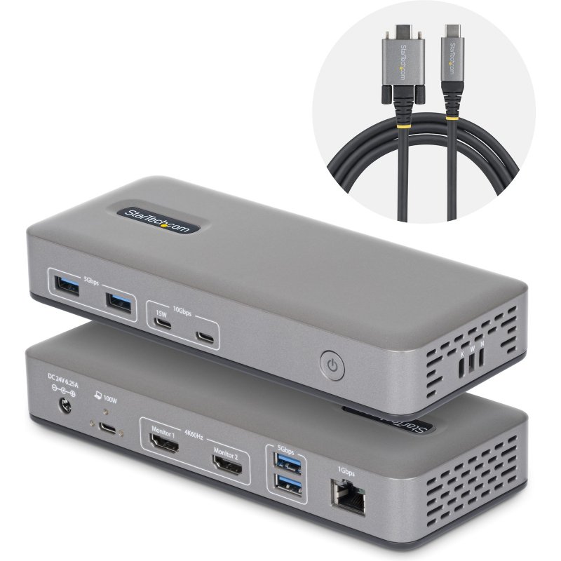 StarTech.com Station d'Accueil USB-C à Deux Écrans, HDMI, 4K 60Hz, Recharge d'Ordinateur Portable 100 W, 1 GbE, Sans Pilote, Station d'Accueil Multi-Écrans pour Windows