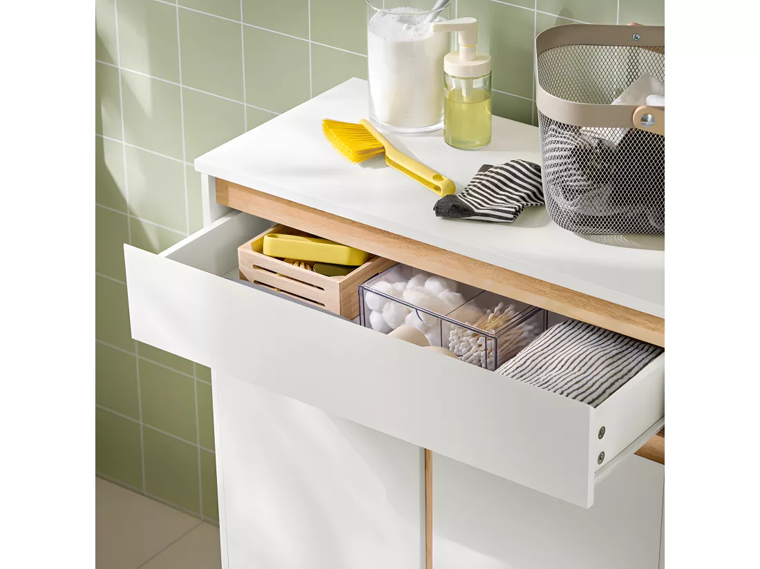SoBuy Meuble Bas de Salle de Bain avec Bac à Linge Amovible Armoire à Linge Commode pour Salle de Bain Armoire Toilette avec 1 Tiroir, et 1 Panier à Linge, 71x33x85 cm, Blanc, BZR79-W