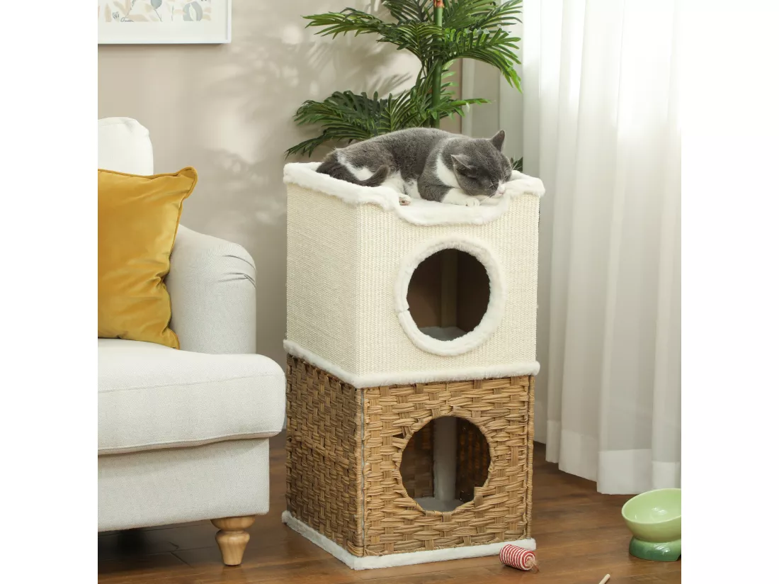 Tour à griffer pour chat 3 niveaux - 2 niches, panier observation- H.75,5 cm - résine tressée sisal