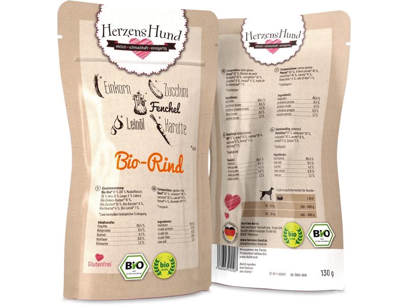 HerzensHund Nassfutter Bio-Rind mit Bio-Gemüse, 130 g Premium Bio-Ergänzungsfuttermittel für erwachsene Hunde
