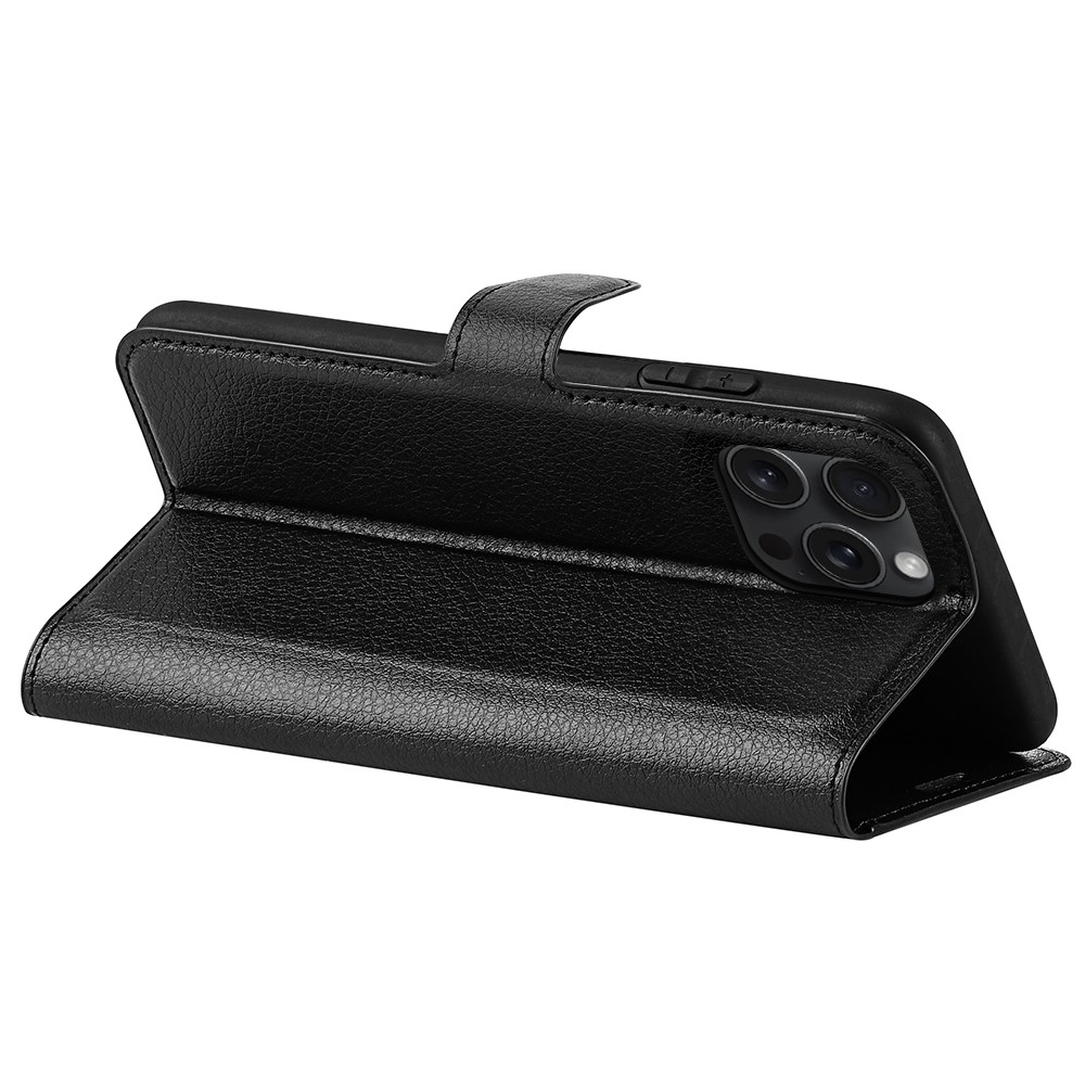 iPhone 16 Pro Leder Tasche Flip Cover Litchi Look - Schwarz