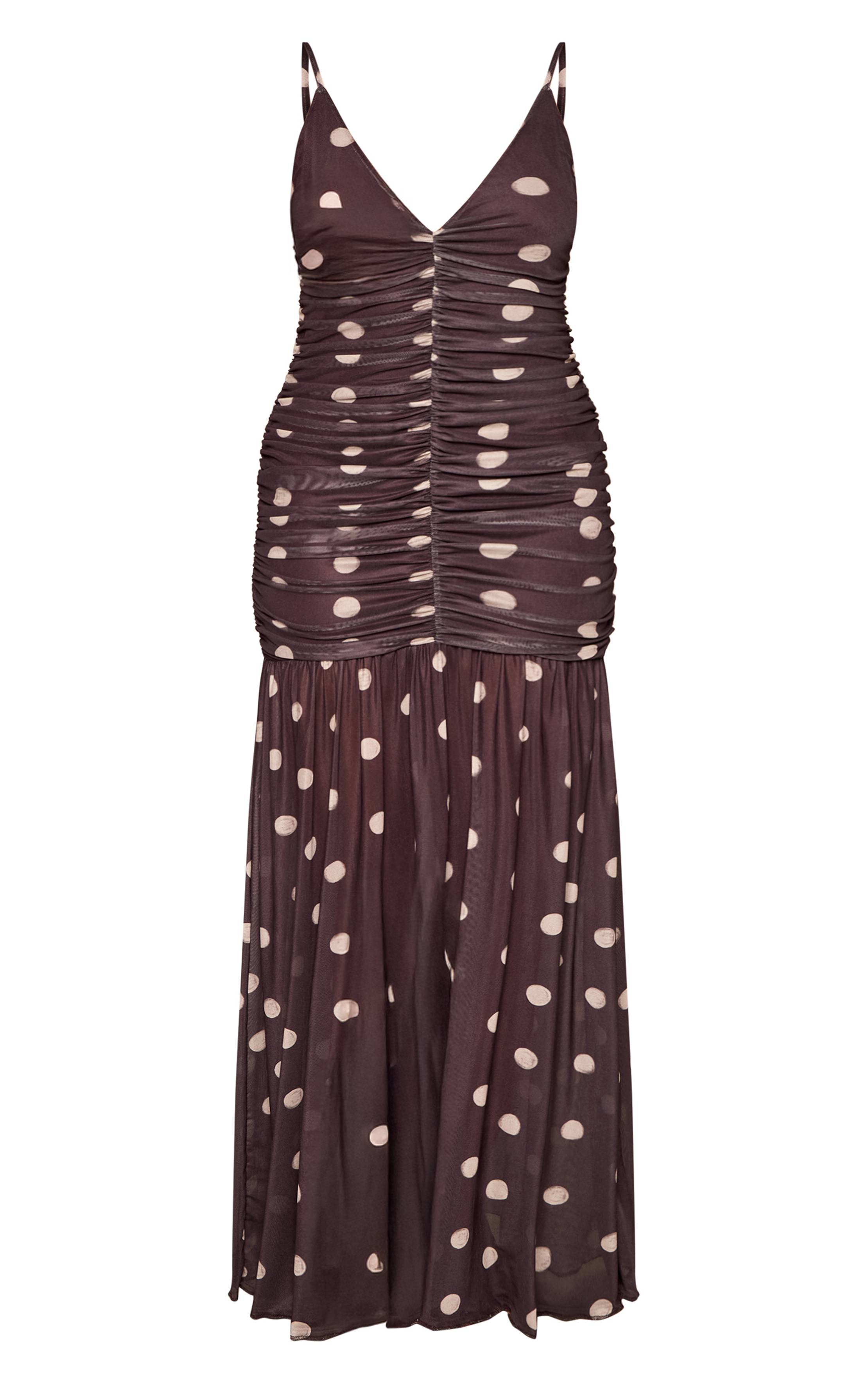 Marron Robe Maxi Ajustée À Pois Avec Fronces Devant Et Ourlet Asymétrique
