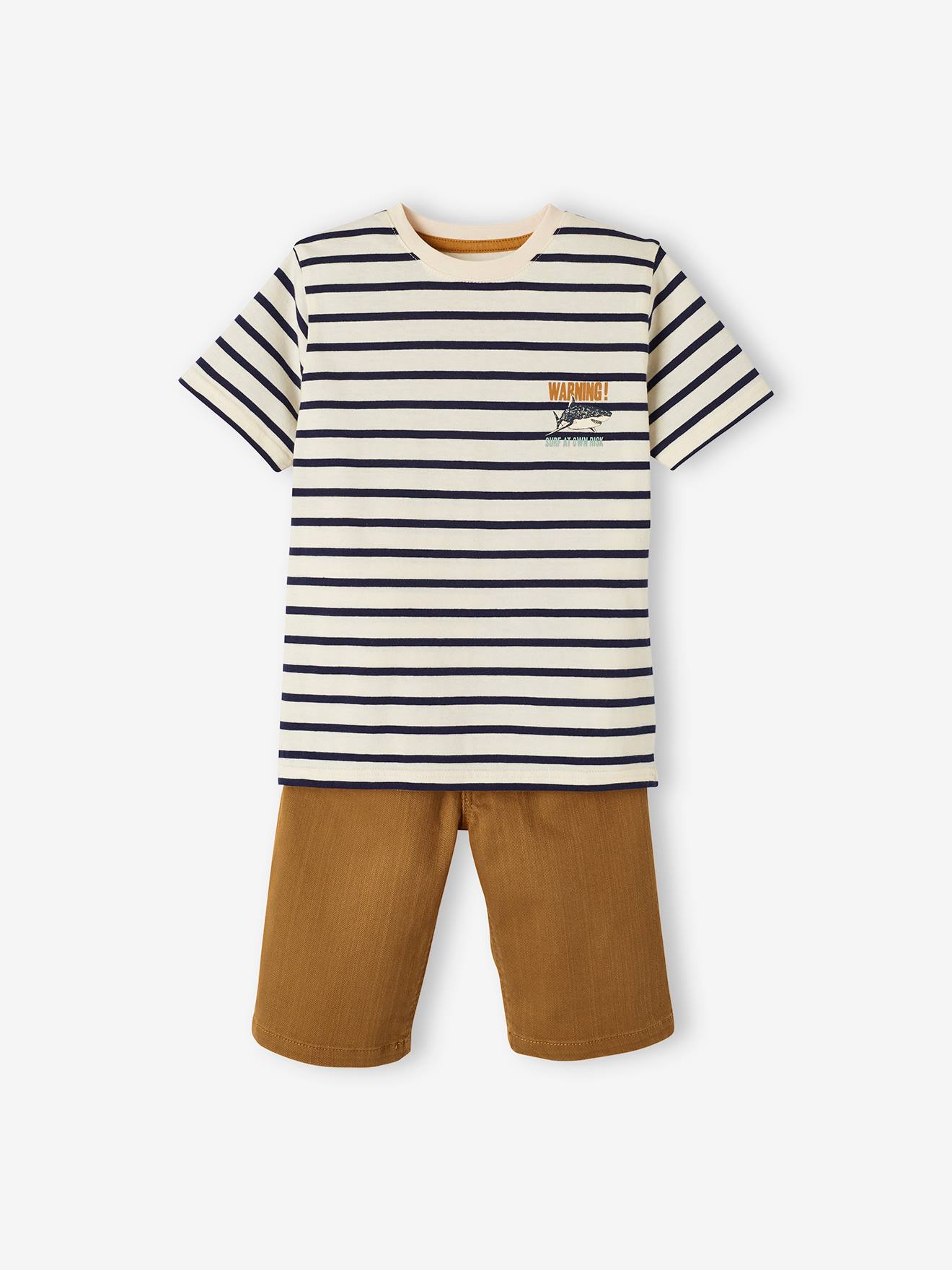 Conjunto de camiseta listrada e shorts de tecido para meninos, marrom médio liso