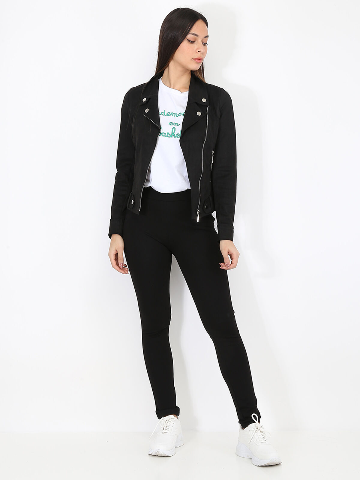 Blouson biker zippé en suédine- Noir