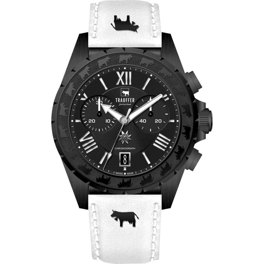 Trauffer Chrono Schwarz / weisses Leder mit Chüehli