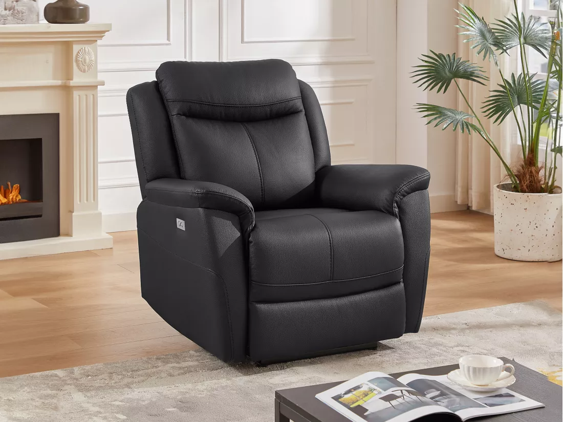 Fauteuil relax électrique en cuir de vachette noir NOMAJO