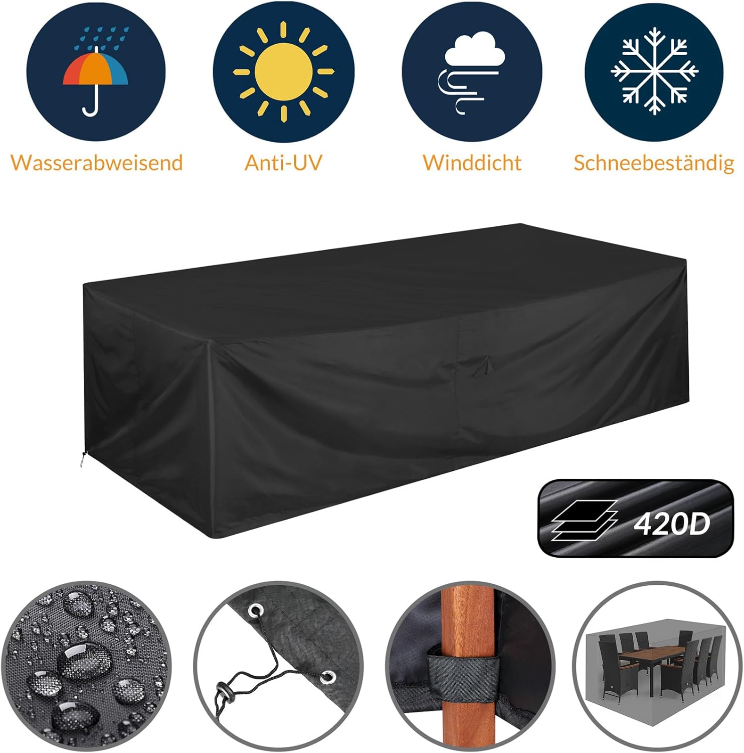 Casaria® Gartenmöbel Set 8 Personen Stühle inkl. 7cm Polster & Abdeckung Tisch 190x90cm 160kg Belastbar Wetterfest Polyrattan Stapelbar Terrasse Möbel Schwarz