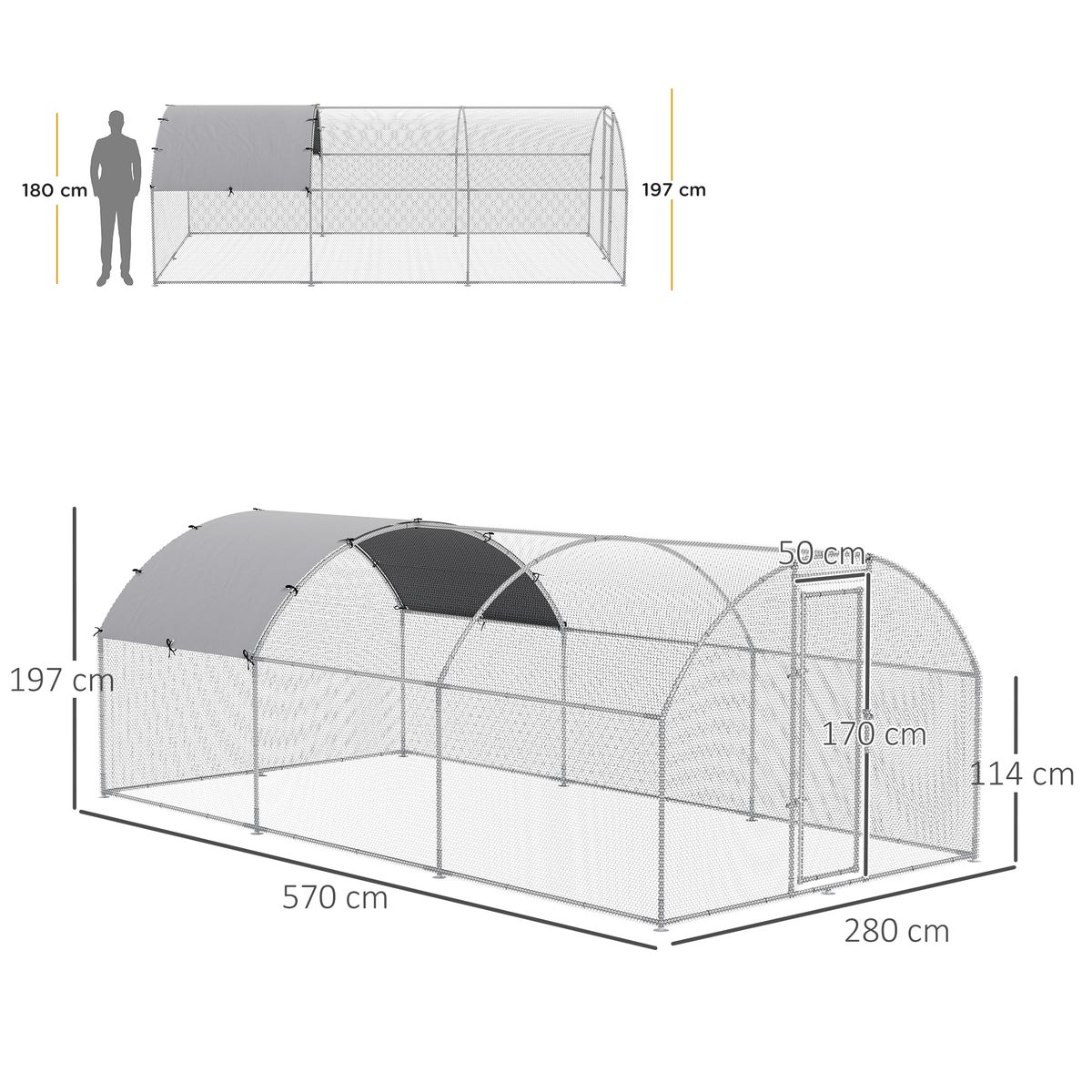 PawHut Kippenhok, 280 x 570 x 197 cm, Staal, Zilver