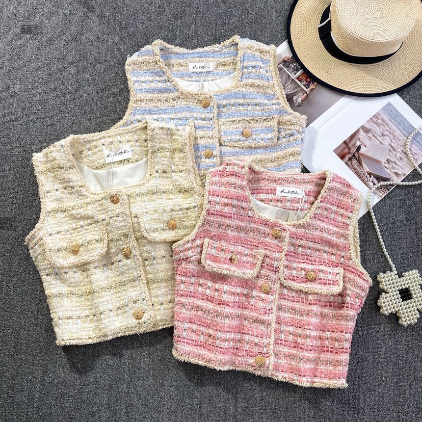 Yearnin - Tweed vest met vierkante hals en kwastjes