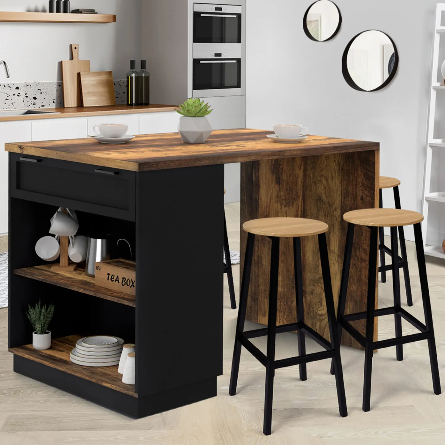 Ilot central mange-debout 4 personnes VITO 130 cm noir et effet bois foncé HAWKINS