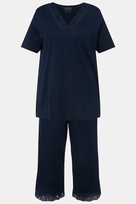 Pyjama, Lochstickerei, V-Ausschnitt, Halbarm, Modalmix
