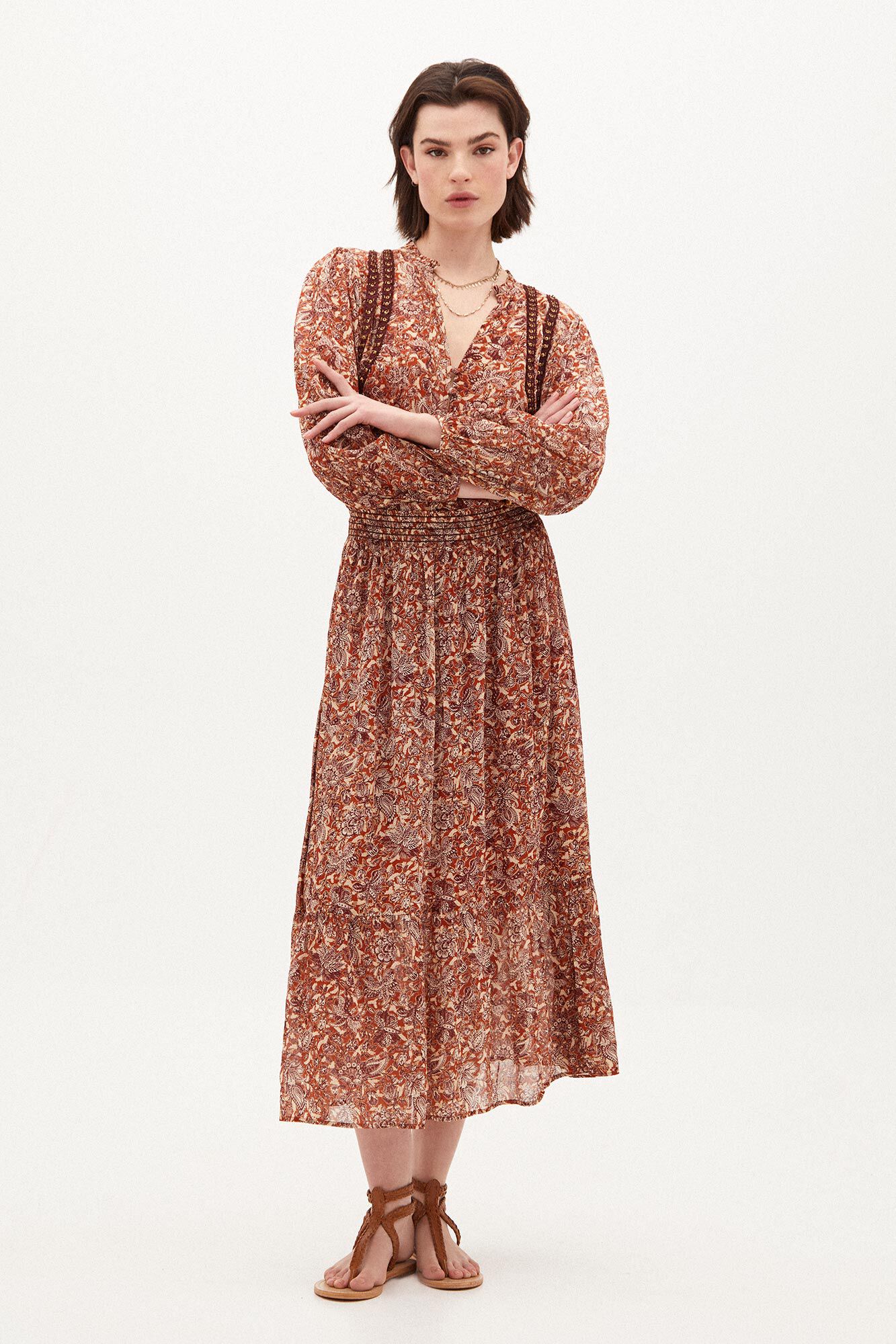 Saia midi estampada Iria - Marrom