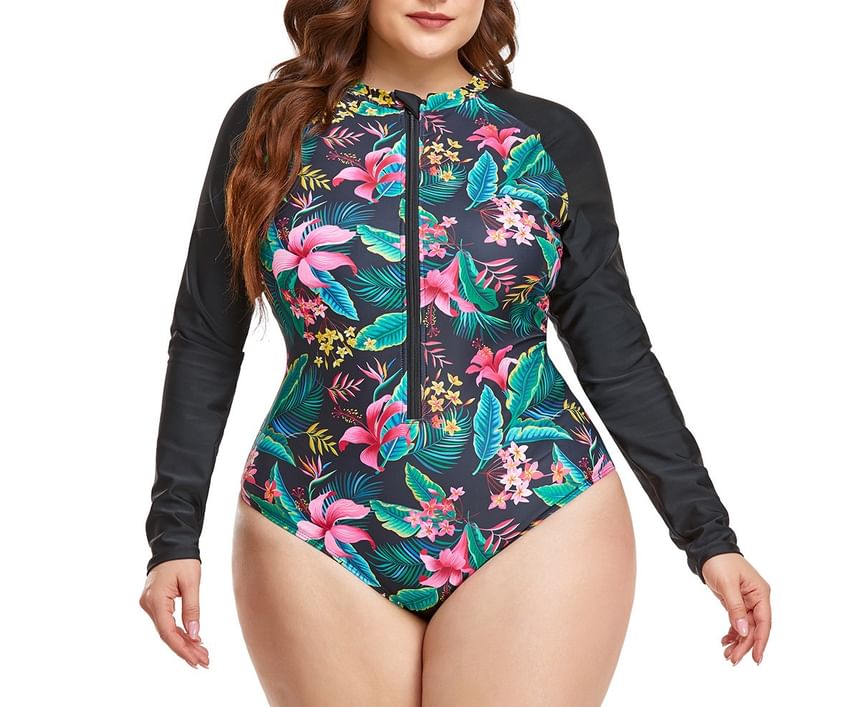 tropibreeze - Plus Size Lange Mouwen Ronde Hals Bloemenprint Raglan Badpak met Rits