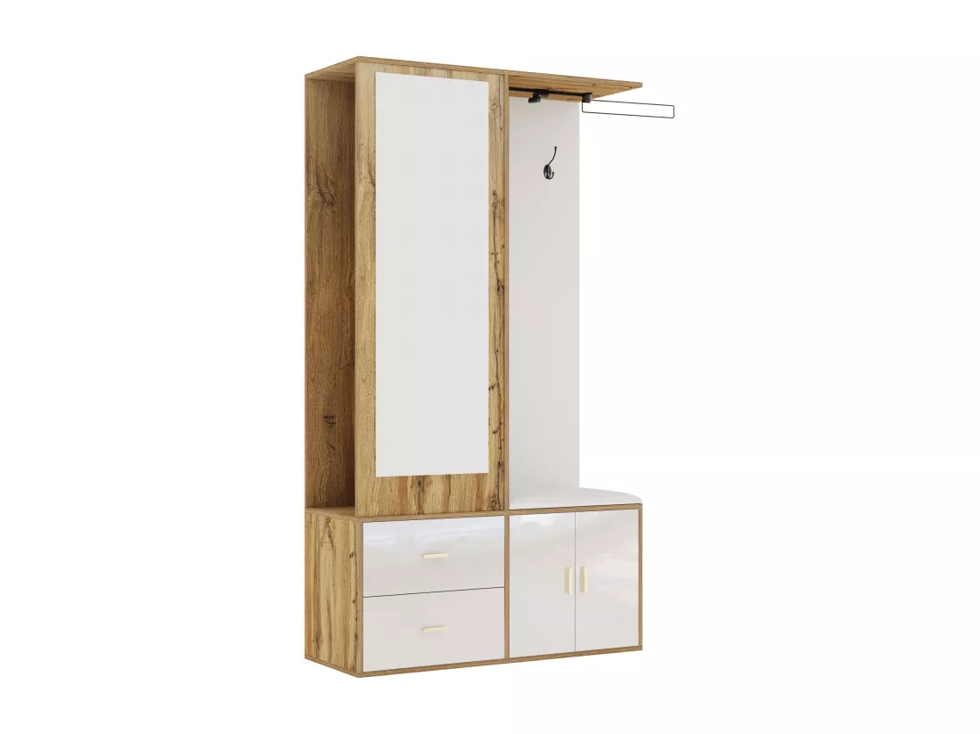 Armoir 100x38x108.1cm - Avec miroir - Avec meuble à chaussures - Avec crochets et cintres rétractables - Blanc + Naturel