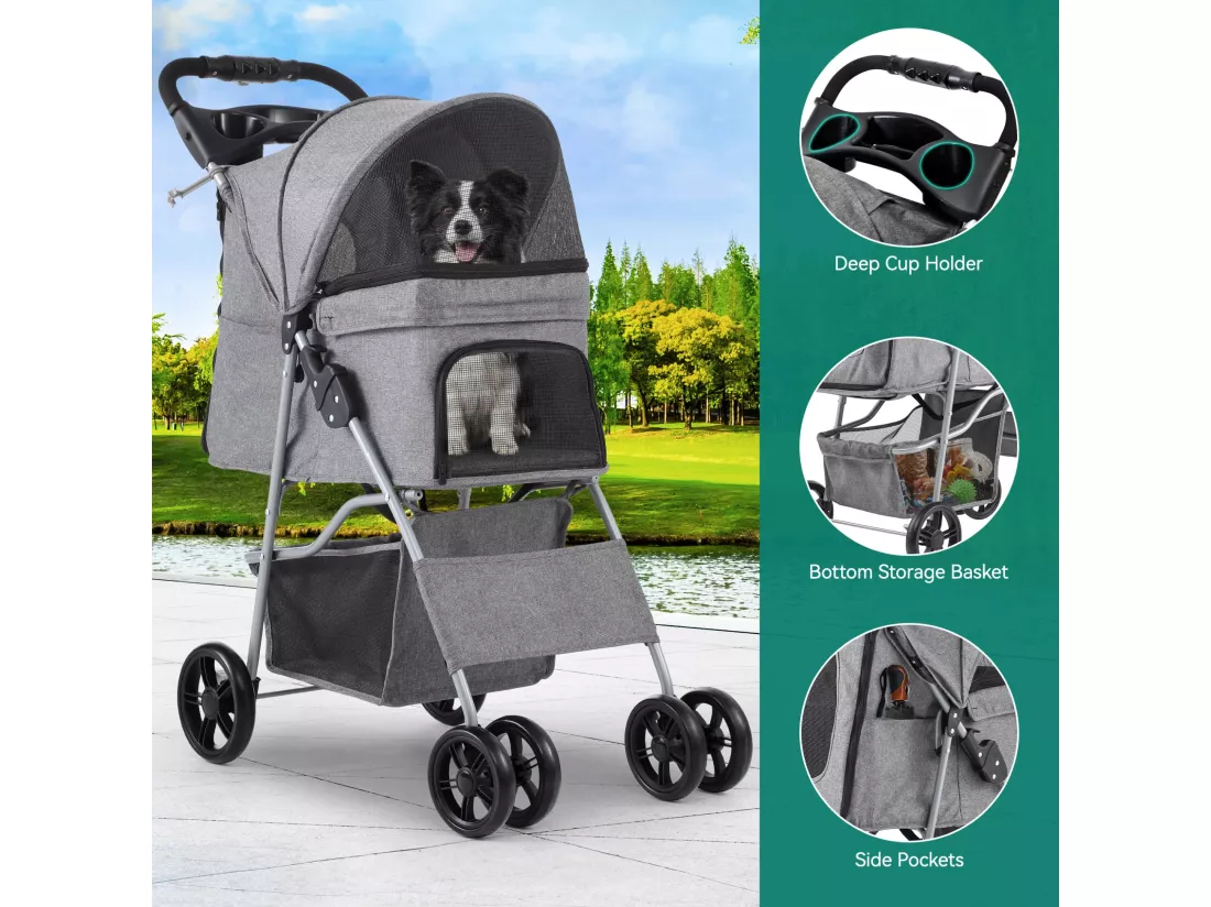YITAHOME Poussette pour Chiens Petite et Moyenne Taille - 4 Roues avec Panier de Rangement - Pliable - avec Porte-Gobelet - Gris