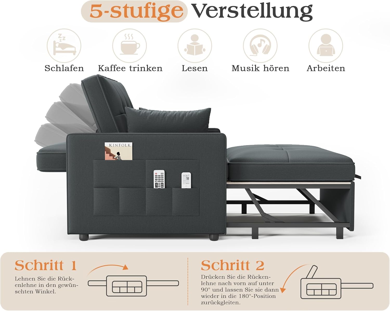 Schlafsofa 186 x 122 cm mit 5-stufig Verstellbarer Rückenlehne, 3-in-1 Schlafcouch mit Kissen und Seitentasche, graues Leinen-Sofa für Gästezimmer & kleine Räume