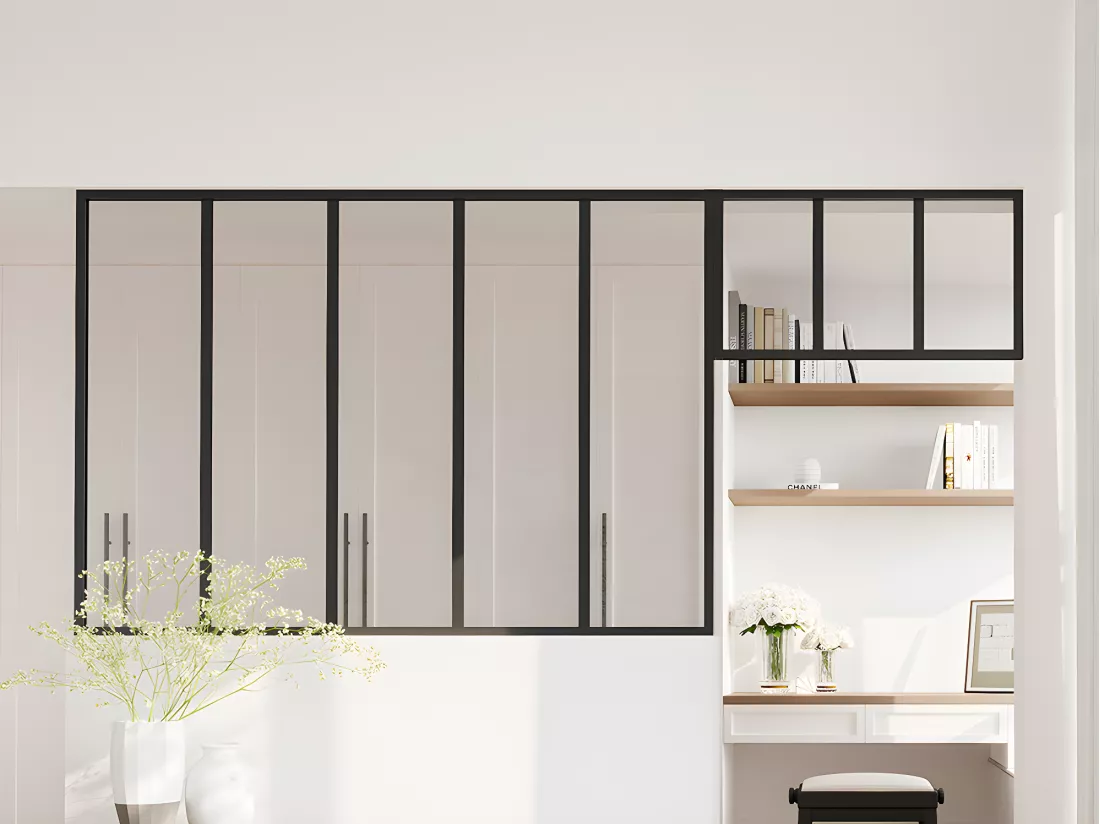 Verrière atelier avec imposte en aluminium thermolaqué - L150 x H105 + L73 x H40 cm - Noir - BAYVIEW