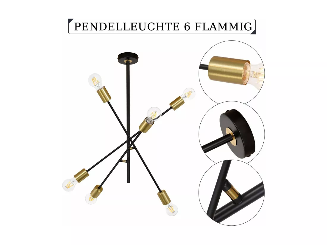 NETTLIFE Lustre De Plafond Pour Salon Suspension Vintage Avec 6 Lampes E27 Noires Style Industriel