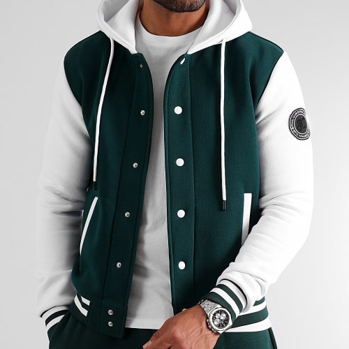 Veste Teddy A Capuche Premium 1150 Vert Bouteille Blanc