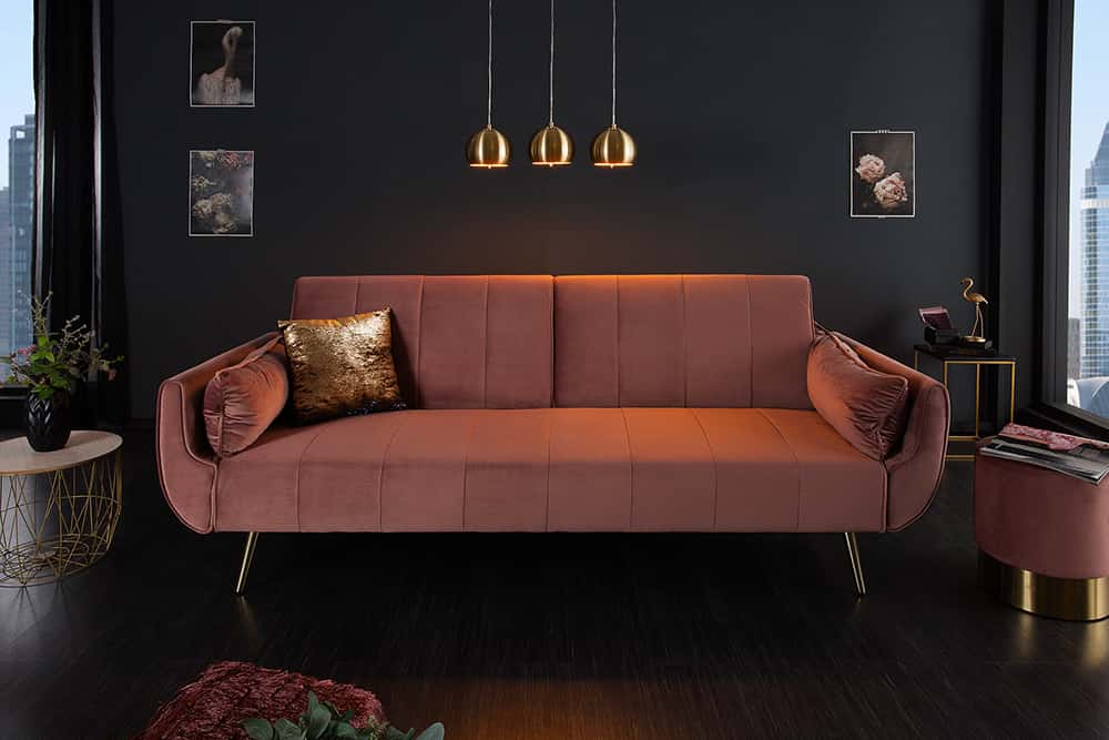 Retro Schlafsofa DIVANI 220cm altrosa Samt goldene Metallfüße 3-Sitzer mit Bettfunktion