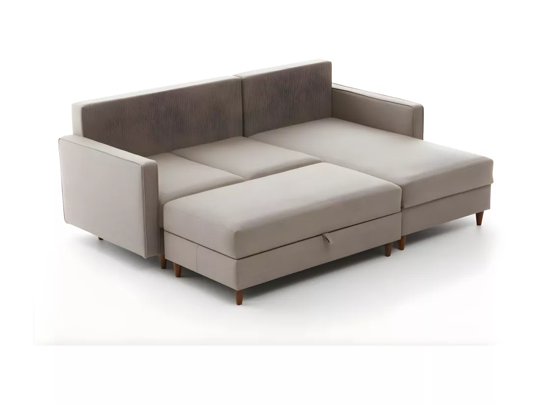 Canapé d'angle à droite convertible avec pouf-coffre Evania Tissu Taupe