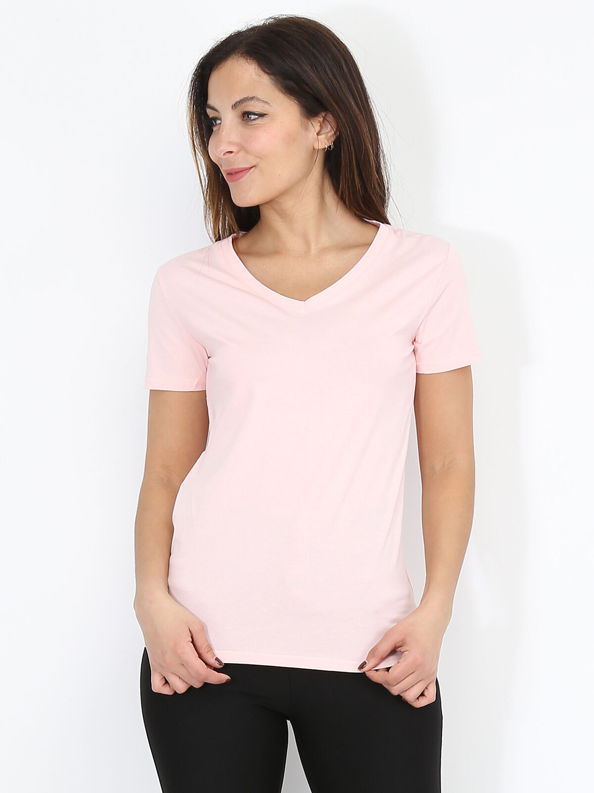 T-shirt basique à col V- Rose