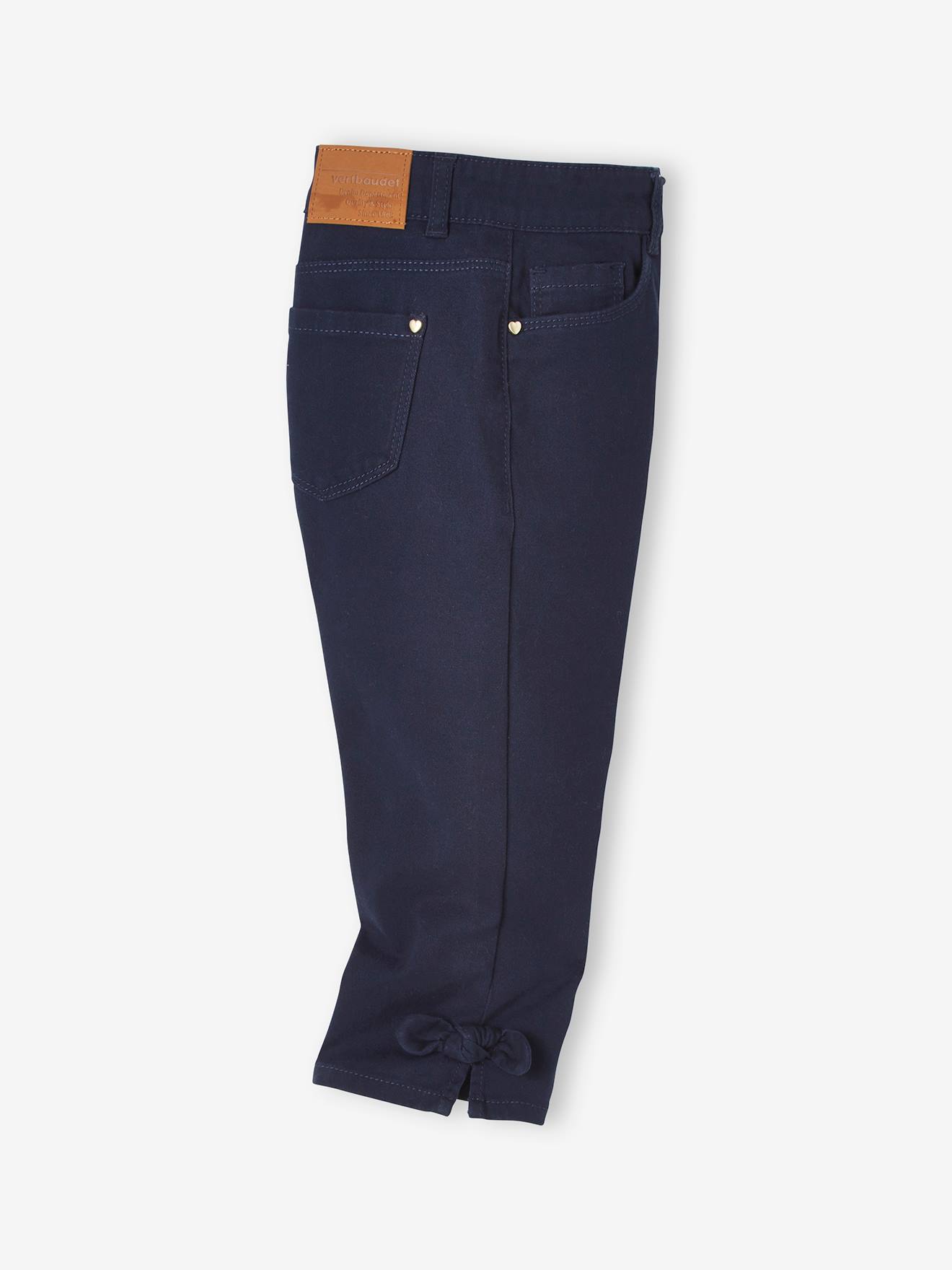 Calça cropped azul-escura lisa com laços para meninas