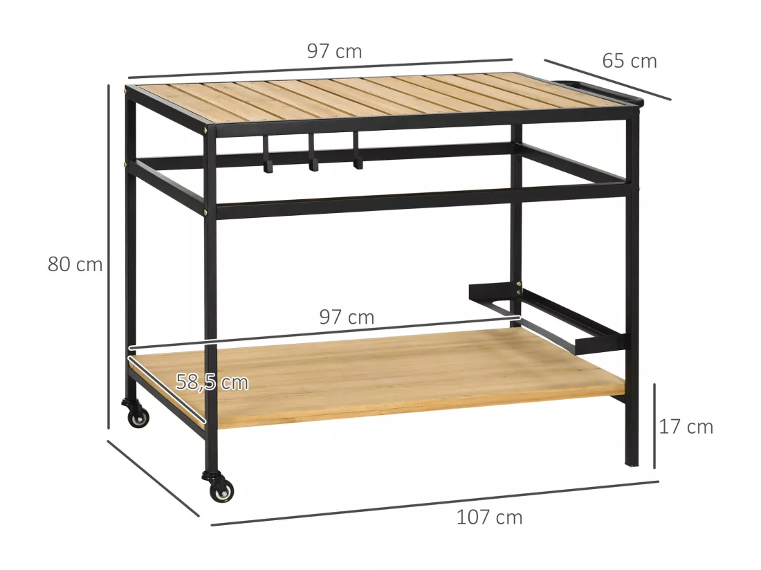 Desserte de jardin chariot pour plancha barbecue en bois et métal avec 2 étagères et 3 crochets - 107 x 65 x 80 cm noir naturel