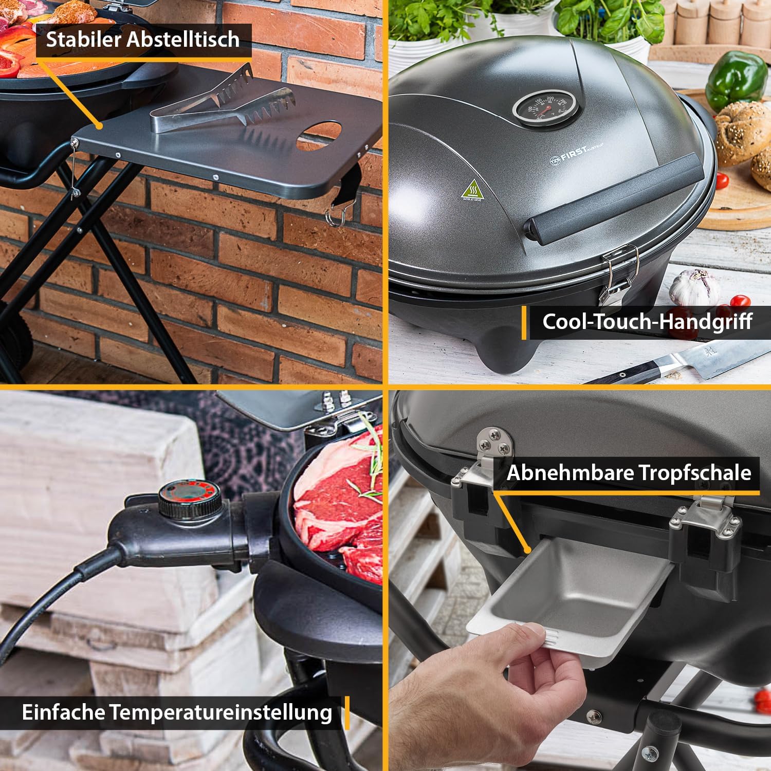 TZS First Austria - Elektrogrill 2 in 1 Tischgrill & Standgrill 2400W - Elektrischer & klappbarer Grill für Balkon & Terrasse mit Deckel & Rollwagen - Elektro-Kugelgrill mit Thermometer & Tropfschale