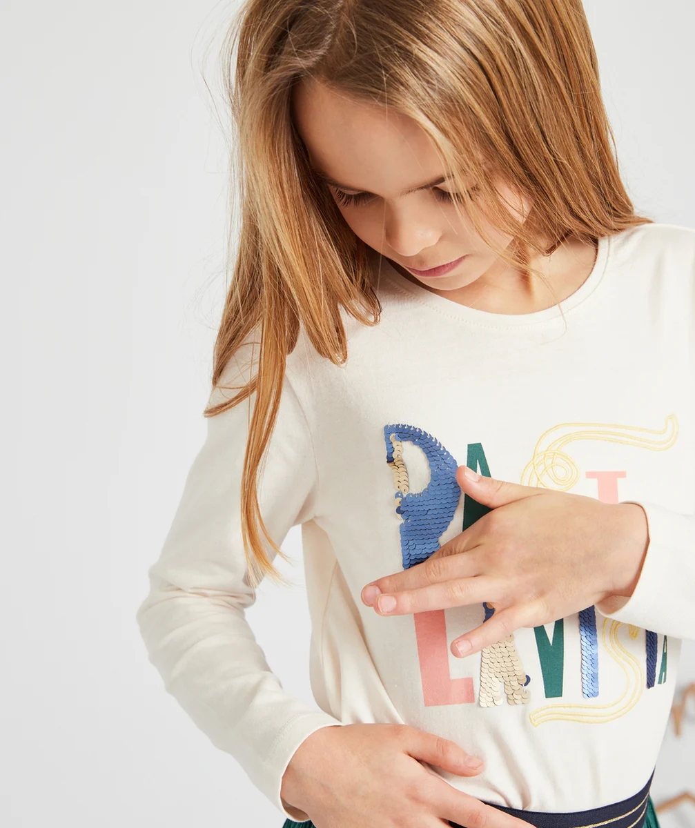 T-SHIRT FILLE EN FIBRES RECYCLÉES ÉCRU AVEC MESSAGE PASTA ET SEQUINS