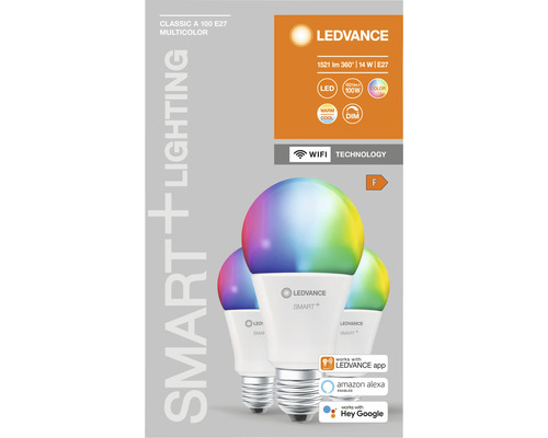 Ledvance Smart WIFI LED-lampen, dimbaar, A100 E27/14W (100W) mat, 1521 lm, 2700-6500 K RGBW, 3-pack